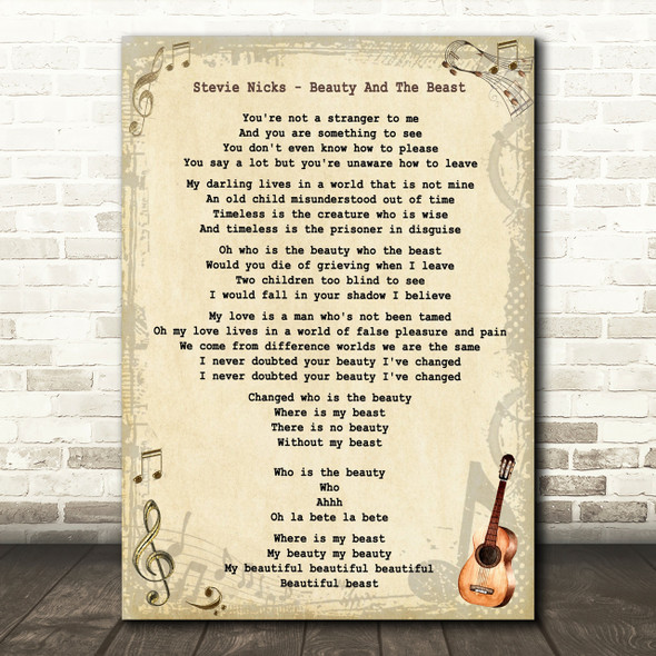 Stevie Nicks Beauty And The Beast Vintage Guitar Song Lyric Quote Print
