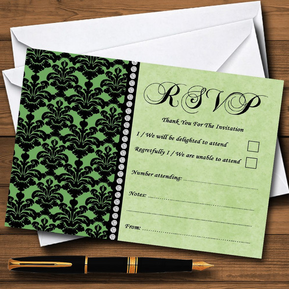 Green Black Damask & Diamond Personalized RSVP Cards