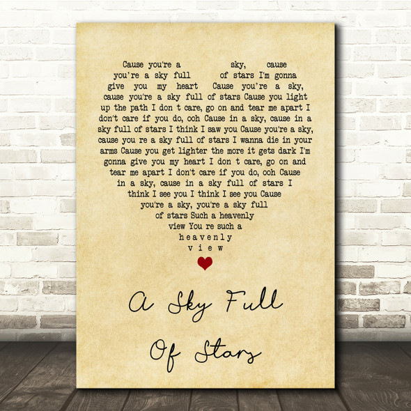 Coldplay A Sky Full Of Stars Vintage Heart Song Lyric Quote Print
