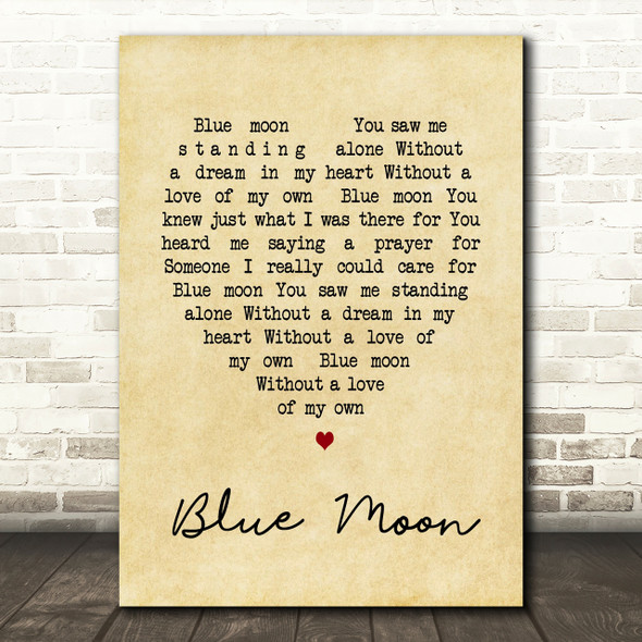 Elvis Presley Blue Moon Vintage Heart Song Lyric Quote Print