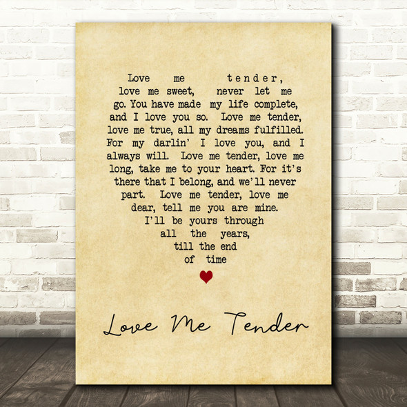 Elvis Presley Love Me Tender Vintage Heart Song Lyric Quote Print