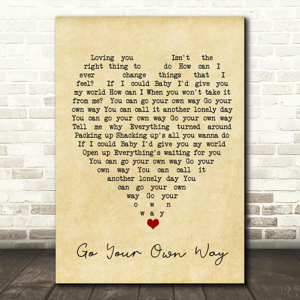 Go Your Own Way Fleetwood Mac Vintage Heart Quote Song Lyric Print