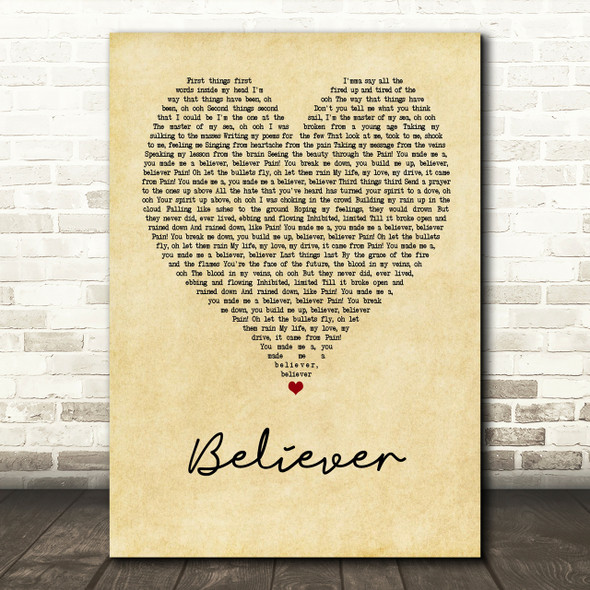 Imagine Dragons Believer Vintage Heart Song Lyric Quote Print