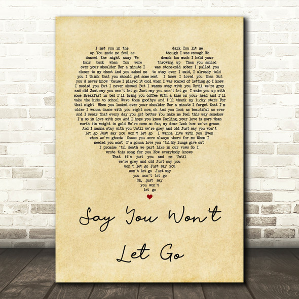 James Arthur Say You Won't Let Go Vintage Heart Song Lyric Quote Print