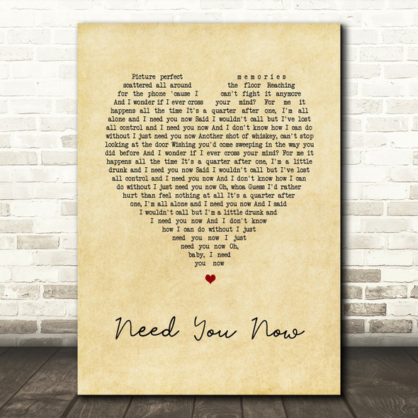Lady Antebellum Need You Now Vintage Heart Song Lyric Quote Print