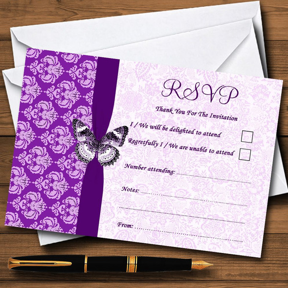 Cadbury Purple Vintage Floral Damask Butterfly Personalized RSVP Cards