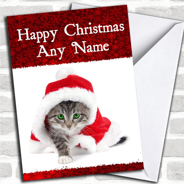 Beautiful Green Eyed Tabby Cat Christmas Card Personalized