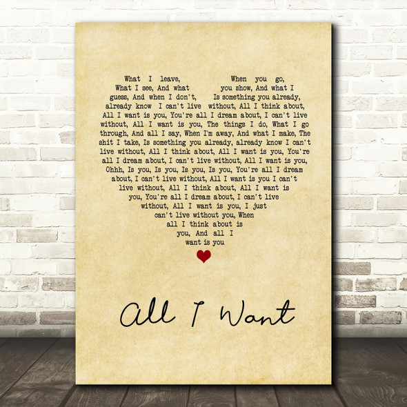 Staind All I Want Vintage Heart Song Lyric Quote Print