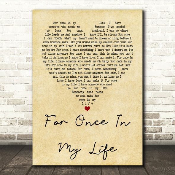 Stevie Wonder For Once In My Life Vintage Heart Song Lyric Quote Print