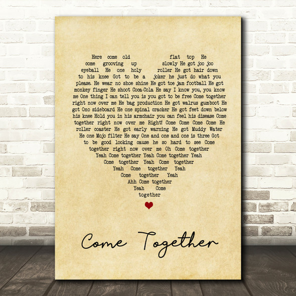 The Beatles Come Together Vintage Heart Song Lyric Quote Print