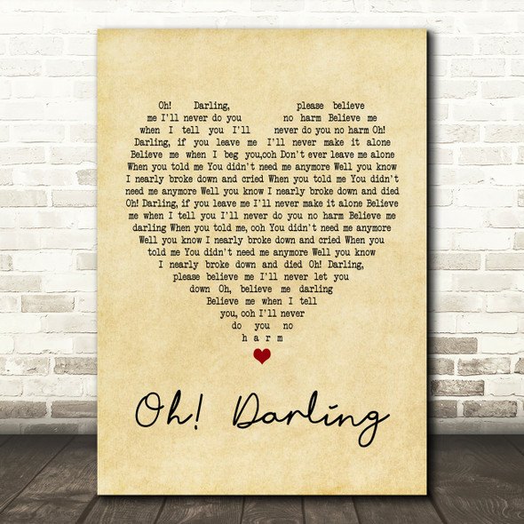 The Beatles Oh! Darling Vintage Heart Song Lyric Quote Print