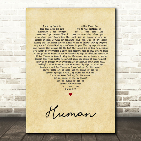 The Killers Human Vintage Heart Song Lyric Quote Print