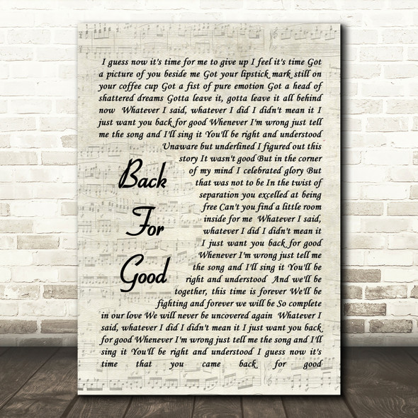 Back For Good Take That Song Lyric Vintage Script Quote Print