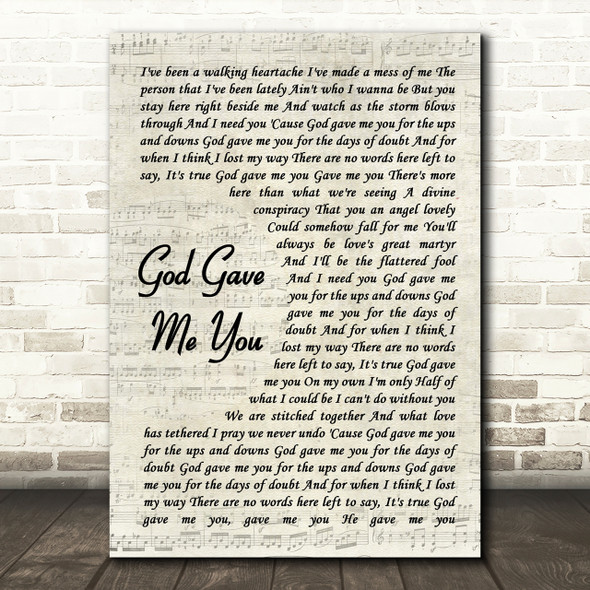 Blake Shelton God Gave Me You Song Lyric Vintage Script Quote Print