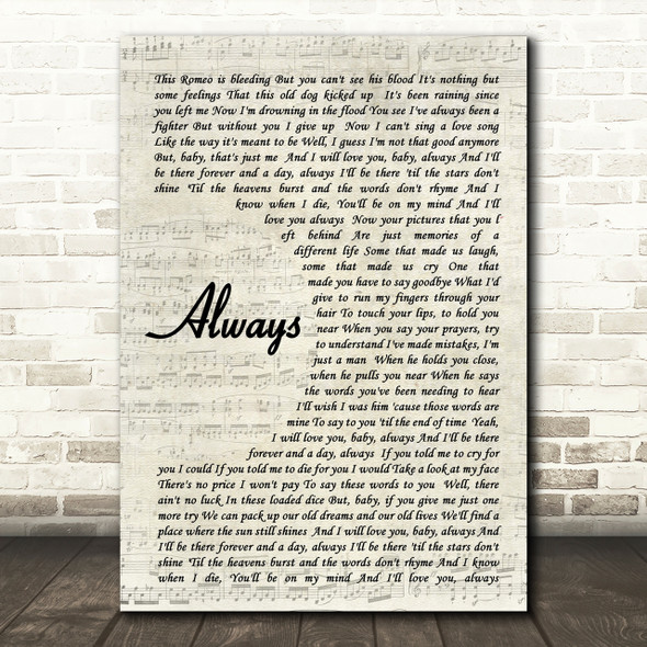 Bon Jovi Always Song Lyric Vintage Script Quote Print