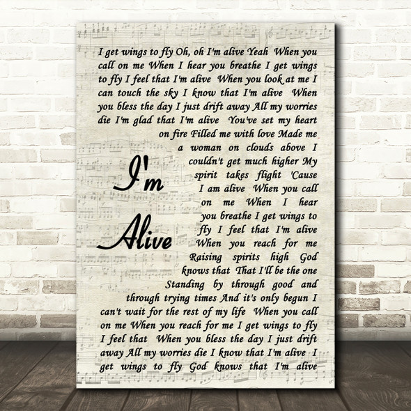 Celine Dion I'm Alive Song Lyric Vintage Script Quote Print