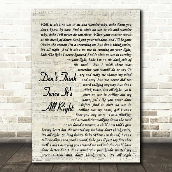 Don't Think Twice It's All Right Bob Dylan Script Quote Song Lyric Print
