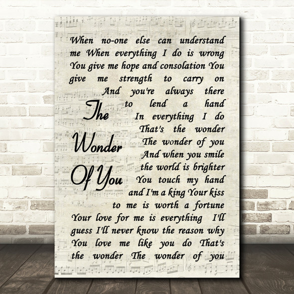 Elvis Presley The Wonder Of You Vintage Script Song Lyric Quote Print