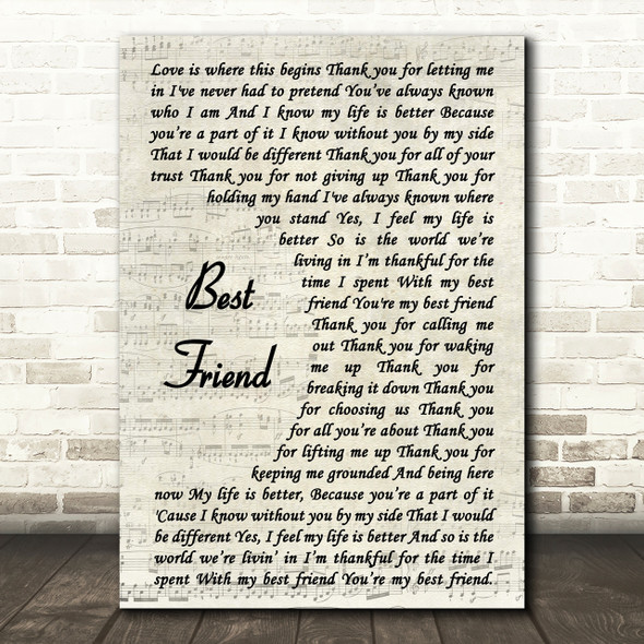 Jason Mraz Best Friend Song Lyric Vintage Script Quote Print