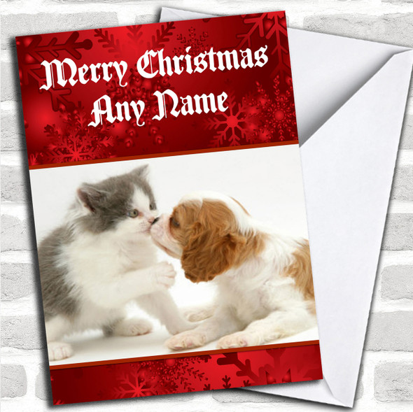 King Charles Spaniel And Kitten Personalized Christmas Card