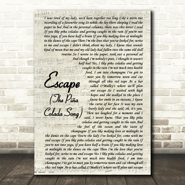 Rupert Holmes Escape (The Piña Colada Song) Vintage Script Song Lyric Print