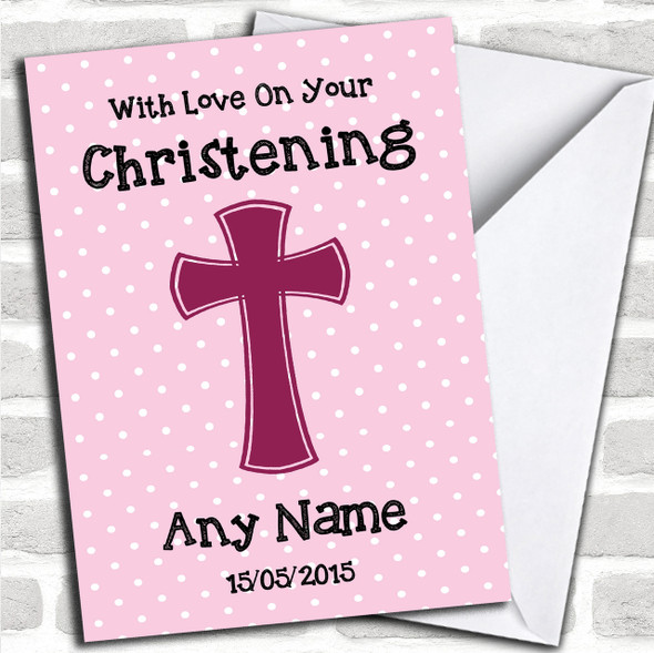 Pink Polka dot Cross Personalized Christening Card