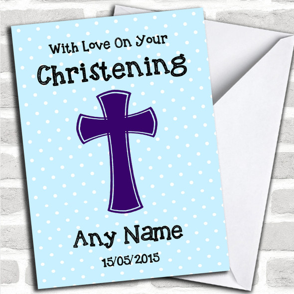 Blue Polka dot Cross Personalized Christening Card