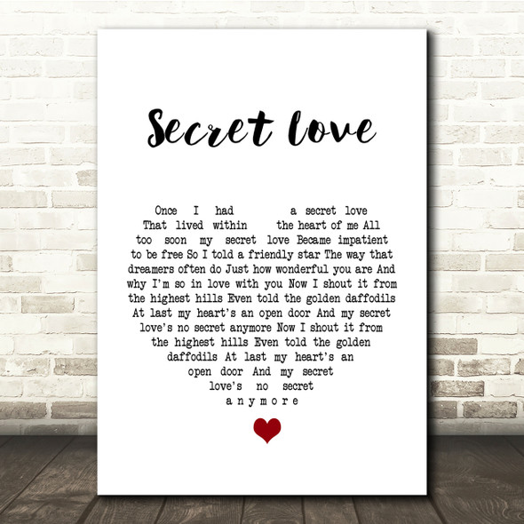 Doris Day Secret Love White Heart Song Lyric Quote Print
