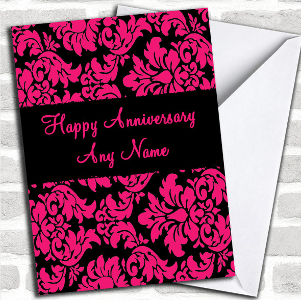 Floral Black Pink Damask Personalized Romantic Anniversary Card