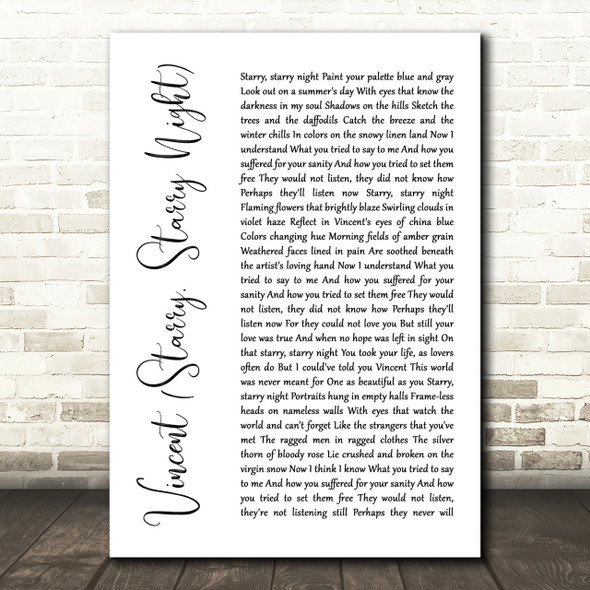 Don McLean Vincent (Starry, Starry Night) White Script Song Lyric Quote Print