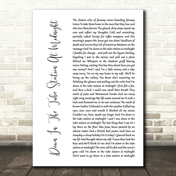 The Jam Down In The Tube Station At Midnight White Script Song Lyric Quote Print
