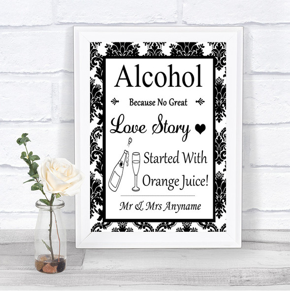 Black & White Damask Alcohol Bar Love Story Personalized Wedding Sign