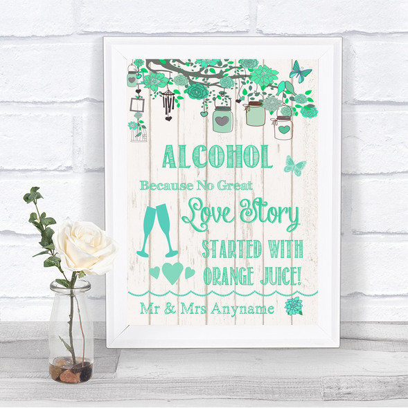 Green Rustic Wood Alcohol Bar Love Story Personalized Wedding Sign