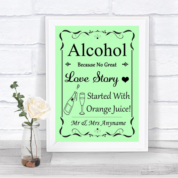 Green Alcohol Bar Love Story Personalized Wedding Sign