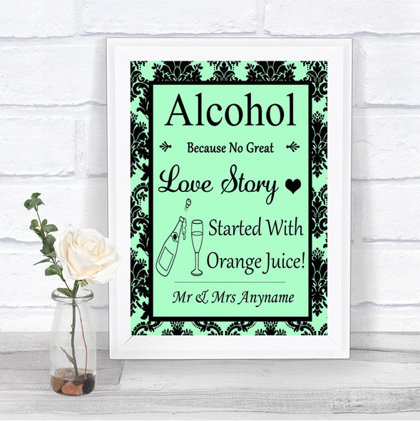 Mint Green Damask Alcohol Bar Love Story Personalized Wedding Sign