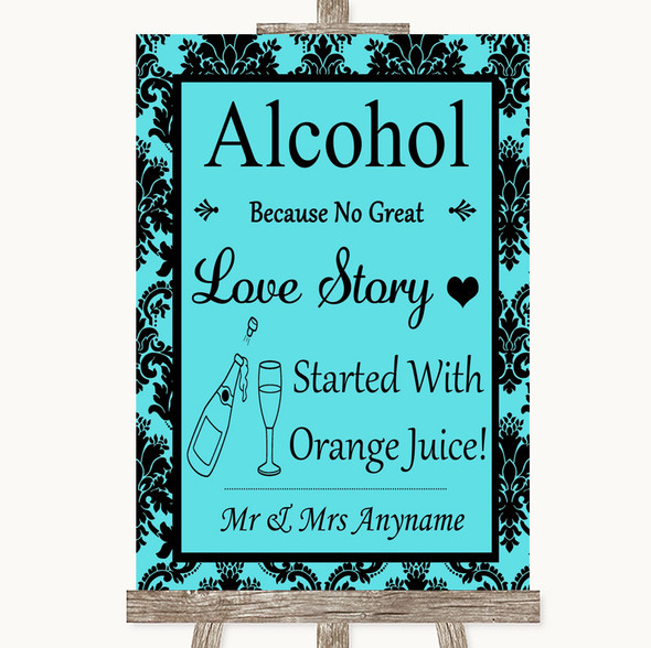 Tiffany Blue Damask Alcohol Bar Love Story Personalized Wedding Sign