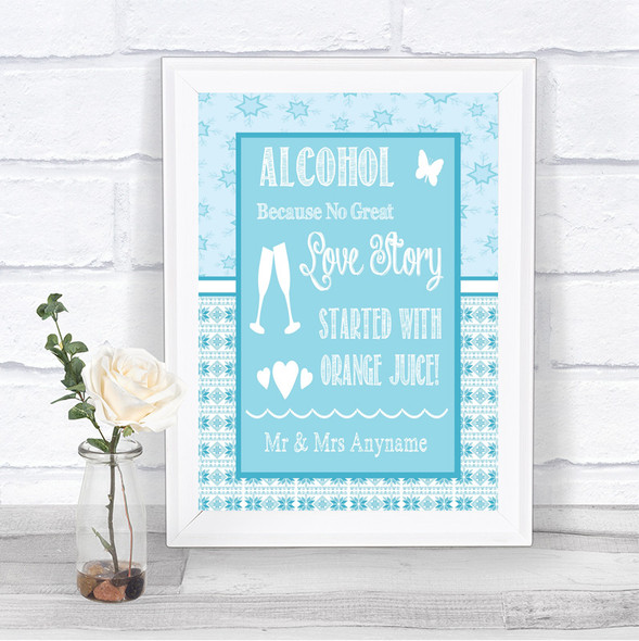 Winter Blue Alcohol Bar Love Story Personalized Wedding Sign