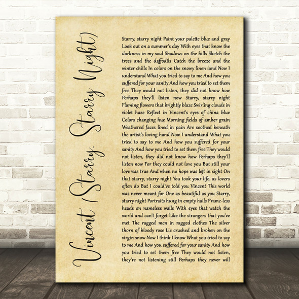 Don McLean Vincent (Starry, Starry Night) Rustic Script Song Lyric Print