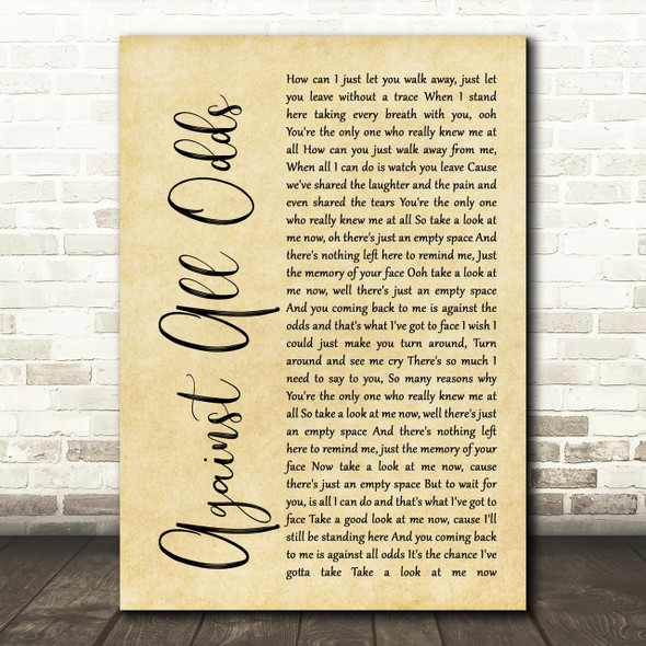 Phil Collins Against All Odds Rustic Script Song Lyric Print