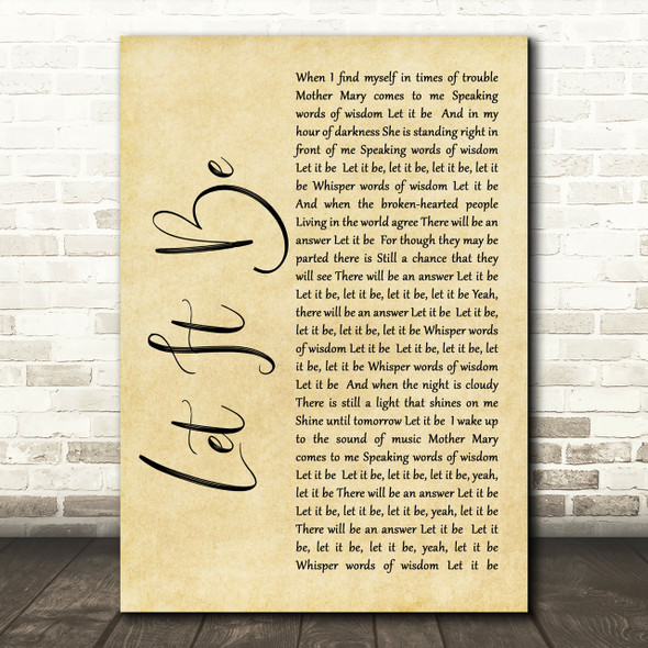 The Beatles Let It Be Rustic Script Song Lyric Print