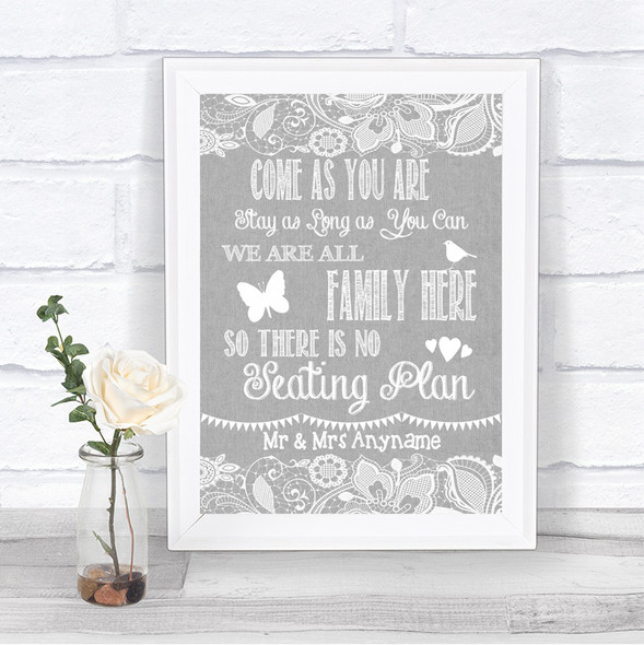 Grey Burlap & Lace All Family No Seating Plan Personalized Wedding Sign