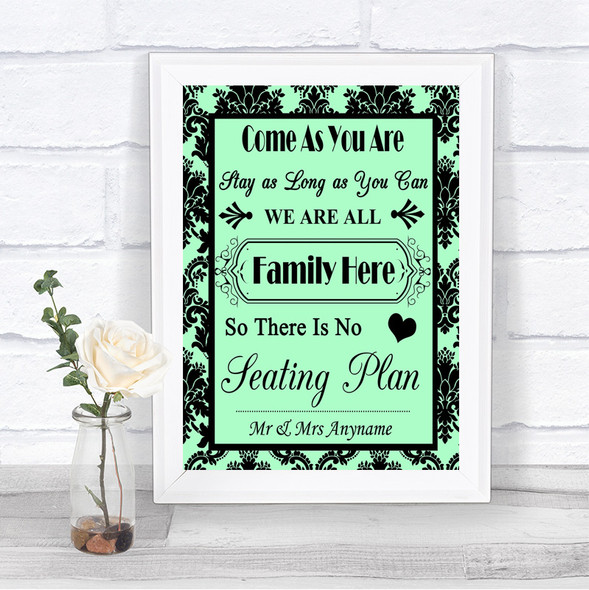 Mint Green Damask All Family No Seating Plan Personalized Wedding Sign