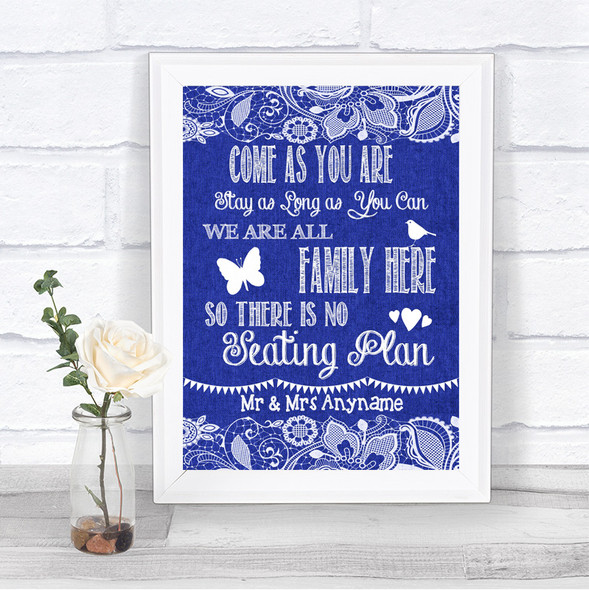 Navy Blue Burlap & Lace All Family No Seating Plan Personalized Wedding Sign