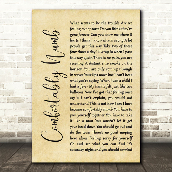 Pink Floyd Comfortably Numb Rustic Script Song Lyric Print