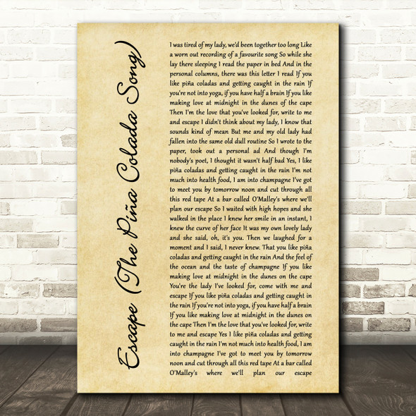 Rupert Holmes Escape (The Piña Colada Song) Rustic Script Song Lyric Print