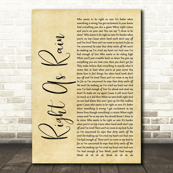 Adele Right As Rain Rustic Script Song Lyric Print