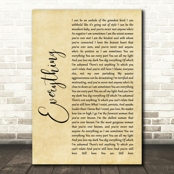 Alanis Morissette Everything Rustic Script Song Lyric Print