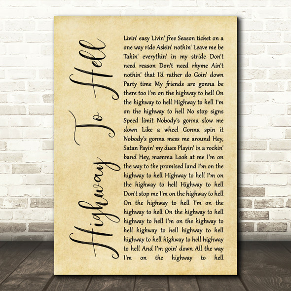 AC DC Highway To Hell Rustic Script Song Lyric Print
