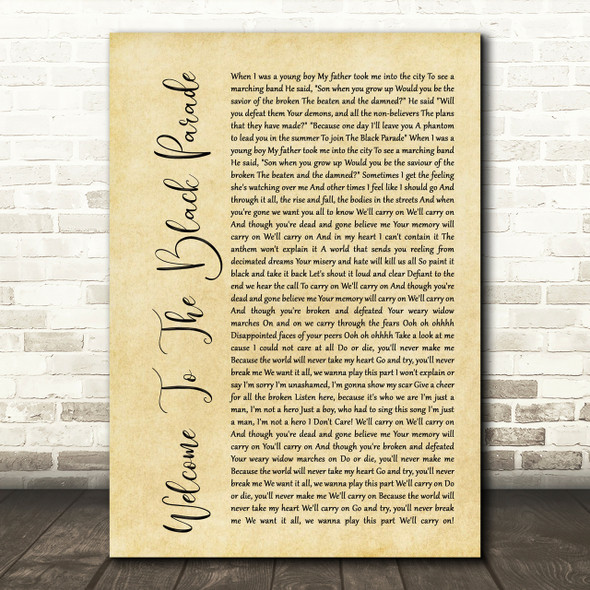 My Chemical Romance Welcome To The Black Parade Rustic Script Song Lyric Print