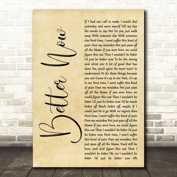 Rascal Flatts Better Now Rustic Script Song Lyric Print